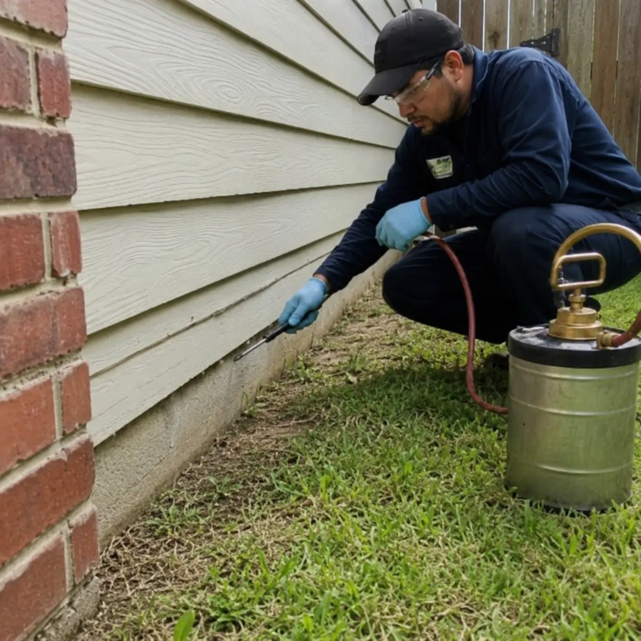 Professional pest control technician treating a home foundation in Conway, SC